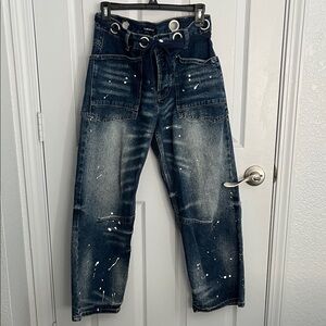 Stylish Distressed Dark Blue Jeans with Belt